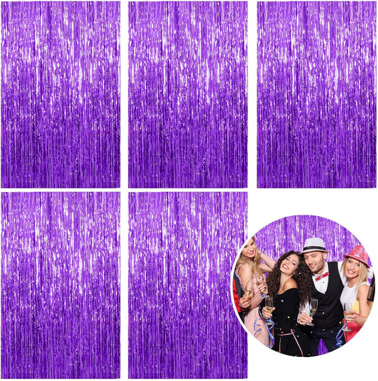 5 Pack Foil Curtain Backdrop Purple Metallic Tinsel Foil Fringe Curtains Photo Booth Props for Birthday Wedding Engagement Baby Shower Bachelorette Christmas Holiday Celebration Party Decorations