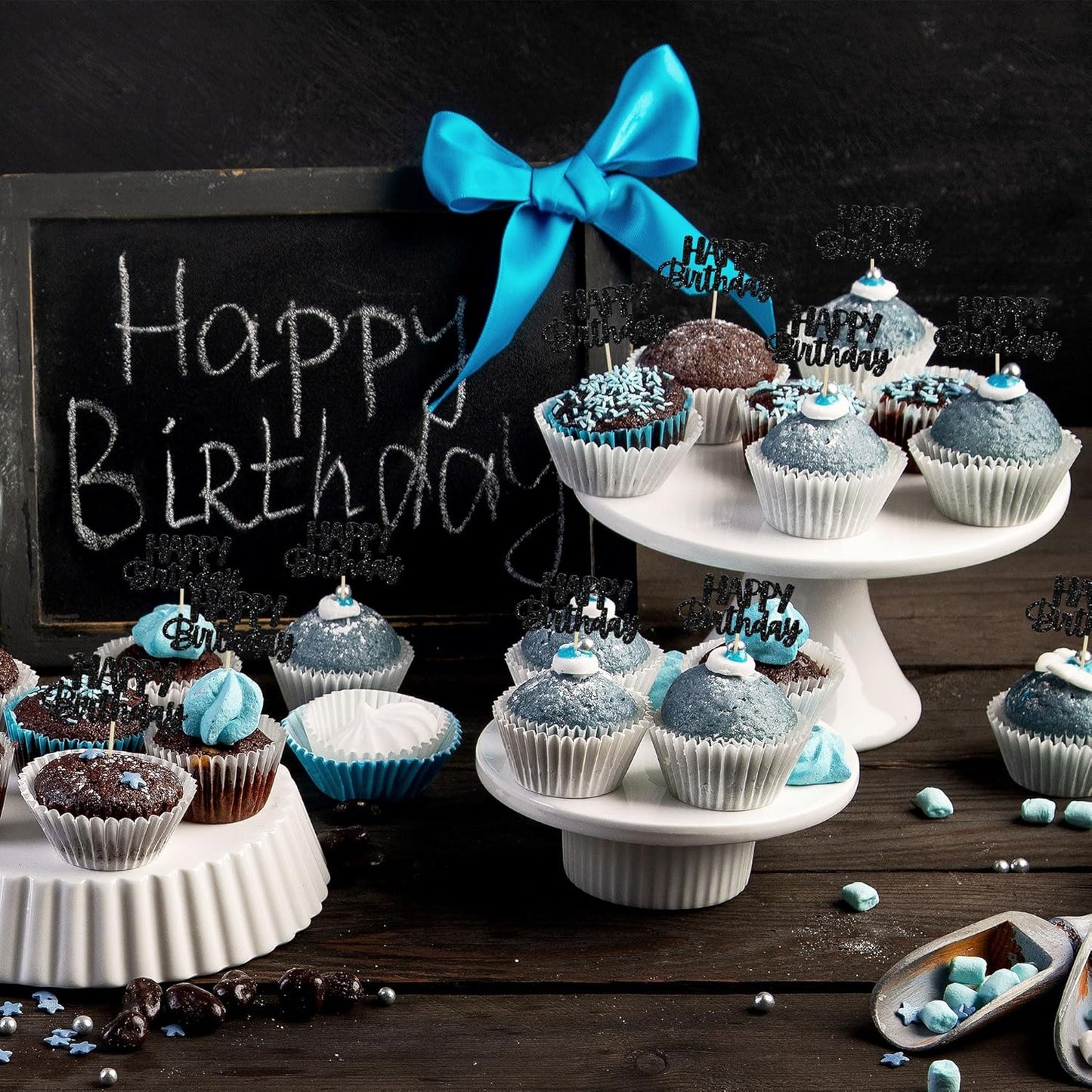 Gyufise Happy Birthday Cupcake Toppers Black Glitter Birthday Cake Topper Picks Dessert Topper Decoration for Birthday Party Anniversary Celebration