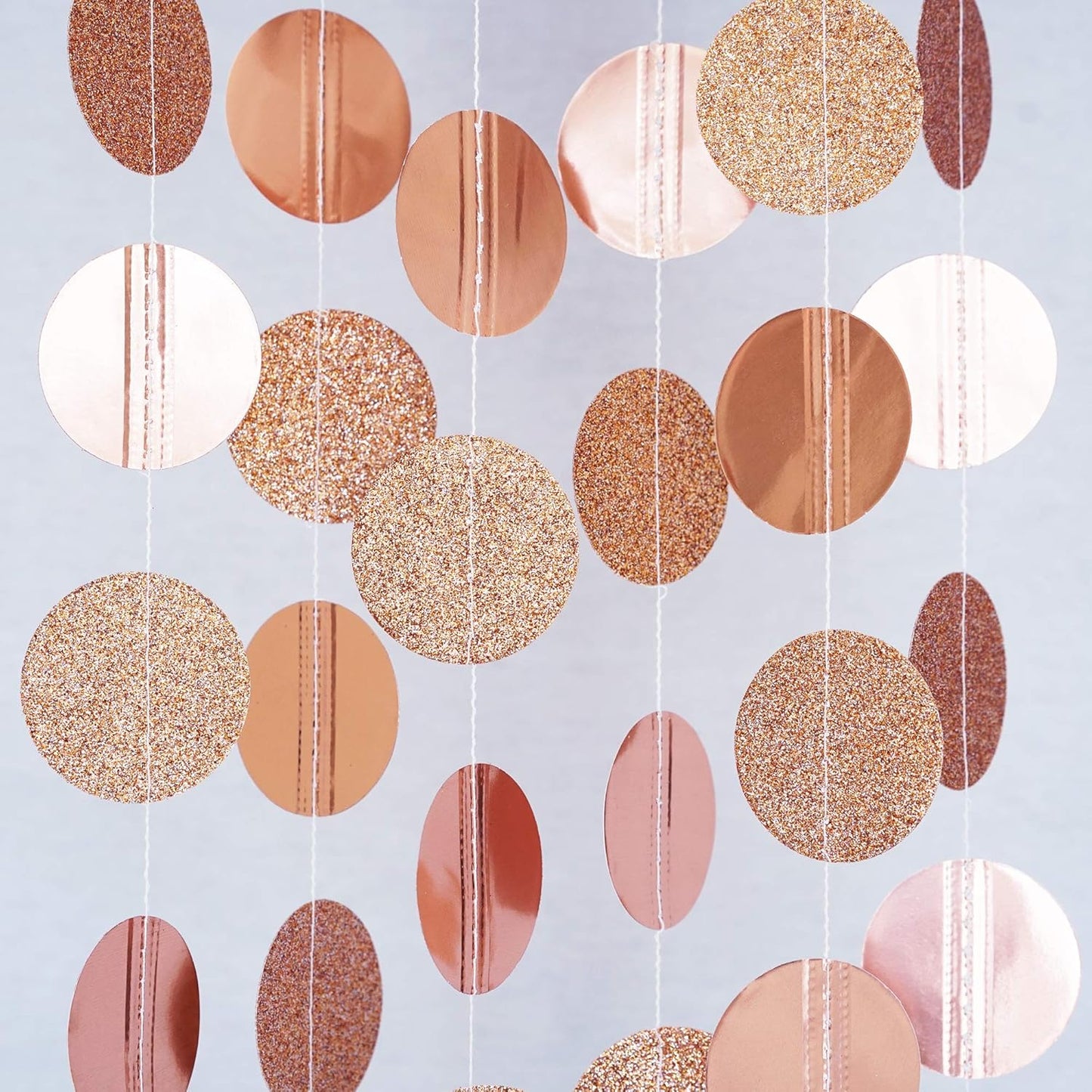 Circle Dots Paper Party Garland Streamer Backdrop (4-Pack, 10 Feet Per Garland, 40 Feet Total) - Rose Gold Glitter