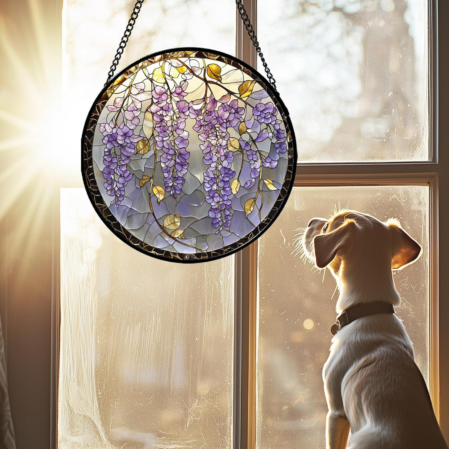 Stained Glass Window Hanging - Wisteria Flower Golden Leaves Sun Catcher for Door Home Decor Plant Suncatcher Christmas Mother's Day Birthday Gifts for Women Men Lovers Mom Nana 11.8 in