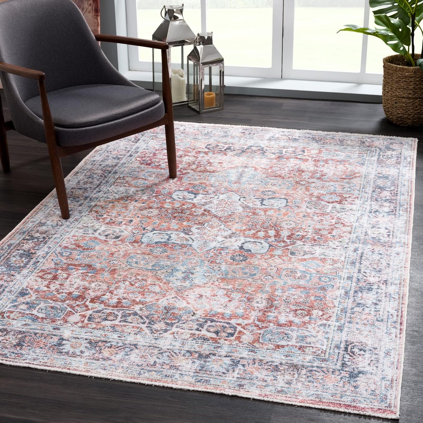 Bloom Rugs Washable Non-Slip 10x14 Rug - Brick/Dark Blue Traditional Oriental Area Rug for Living Room, Bedroom, Dining Room, and Kitchen - Exact Size: 10' x 14'