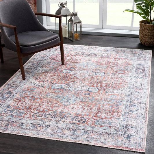 Bloom Rugs Washable Non-Slip 10x14 Rug - Brick/Dark Blue Traditional Oriental Area Rug for Living Room, Bedroom, Dining Room, and Kitchen - Exact Size: 10' x 14'