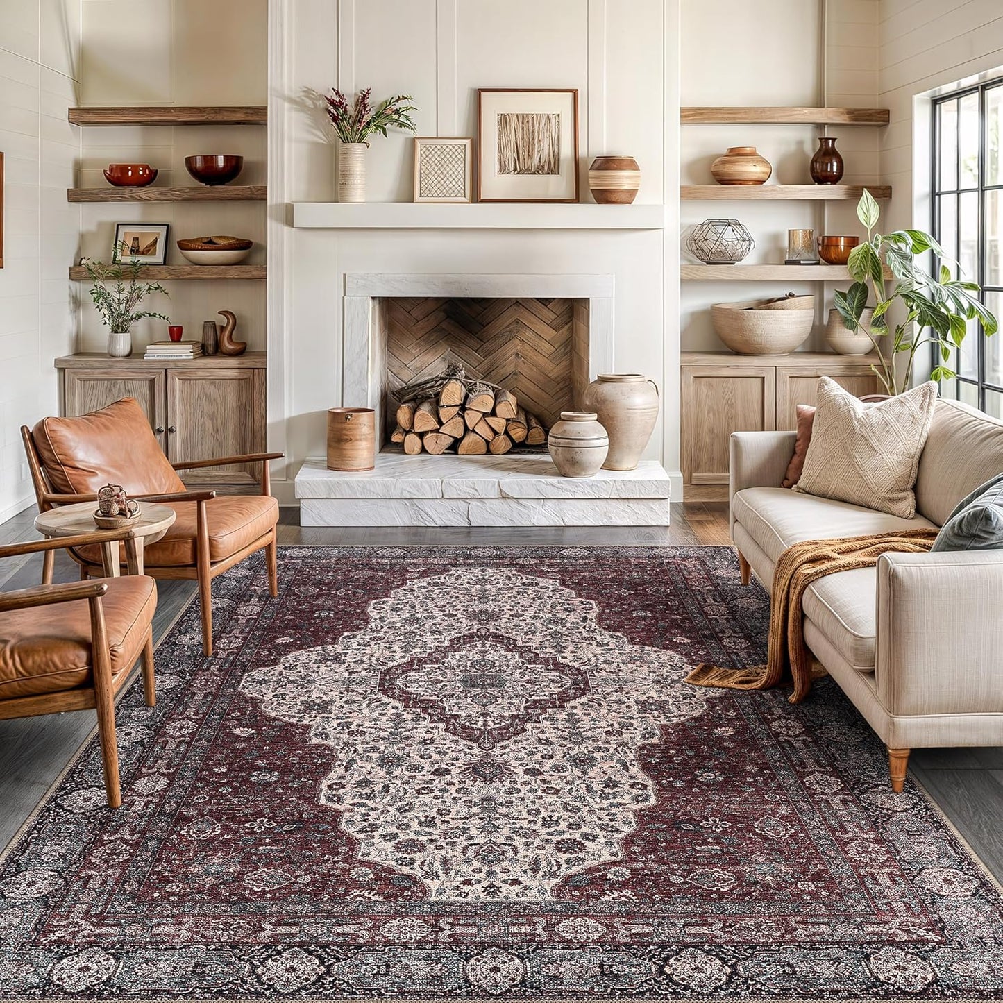 Bloom Rugs Washable Non-Slip 8' x 10' Rug - Red/Green/Cream Traditional Medallion Area Rug for Living Room, Bedroom, Dining Room, and Kitchen - Exact Size: 8' x 10'