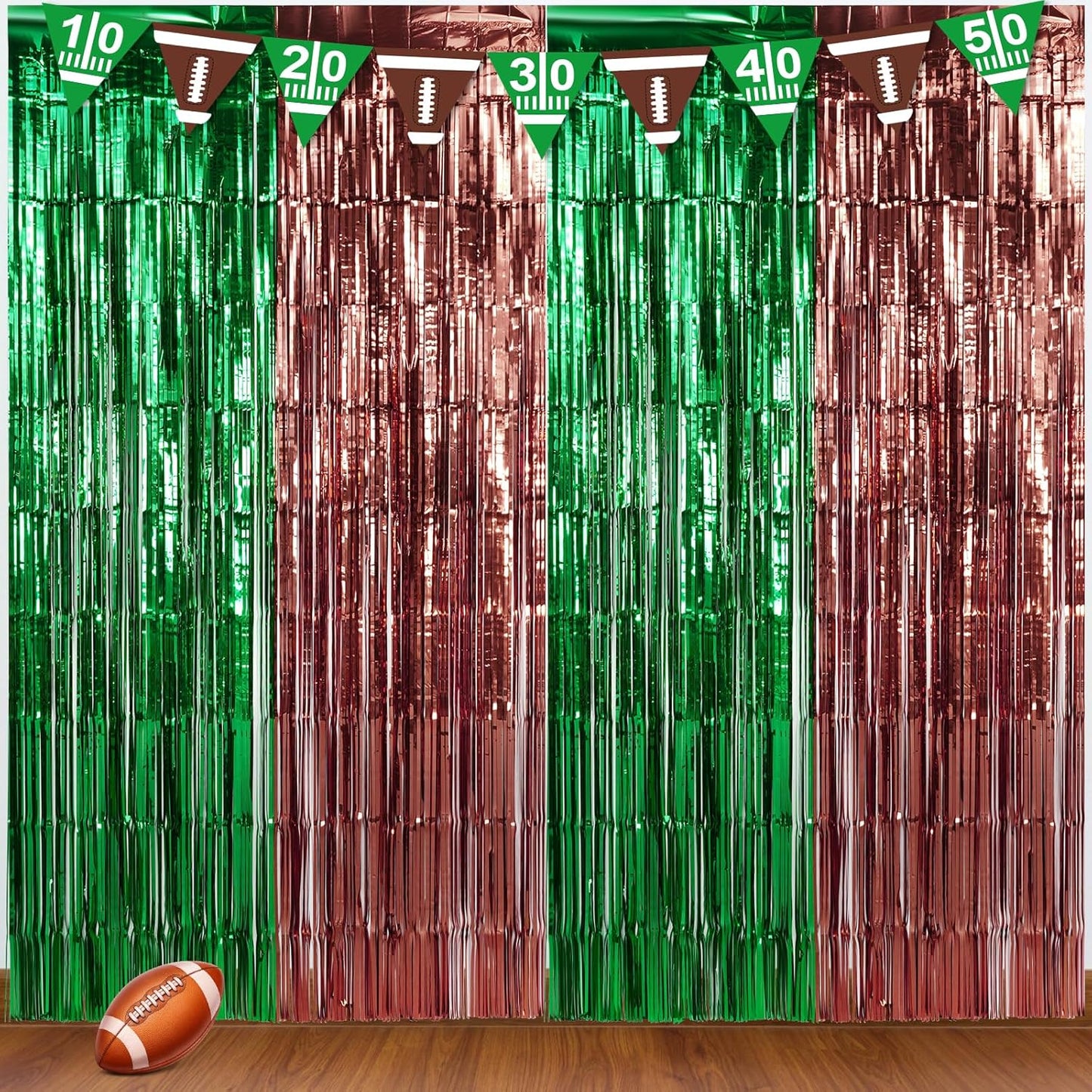 3 Pack 3.3x6.6Ft Superbowl Football Foil Fringe Curtain Backdrop Decorations, Dark Green and Brown Metallic Tinsel Foil Streamers Curtain Photo Background for Superbowl Sports Football Birthday Party