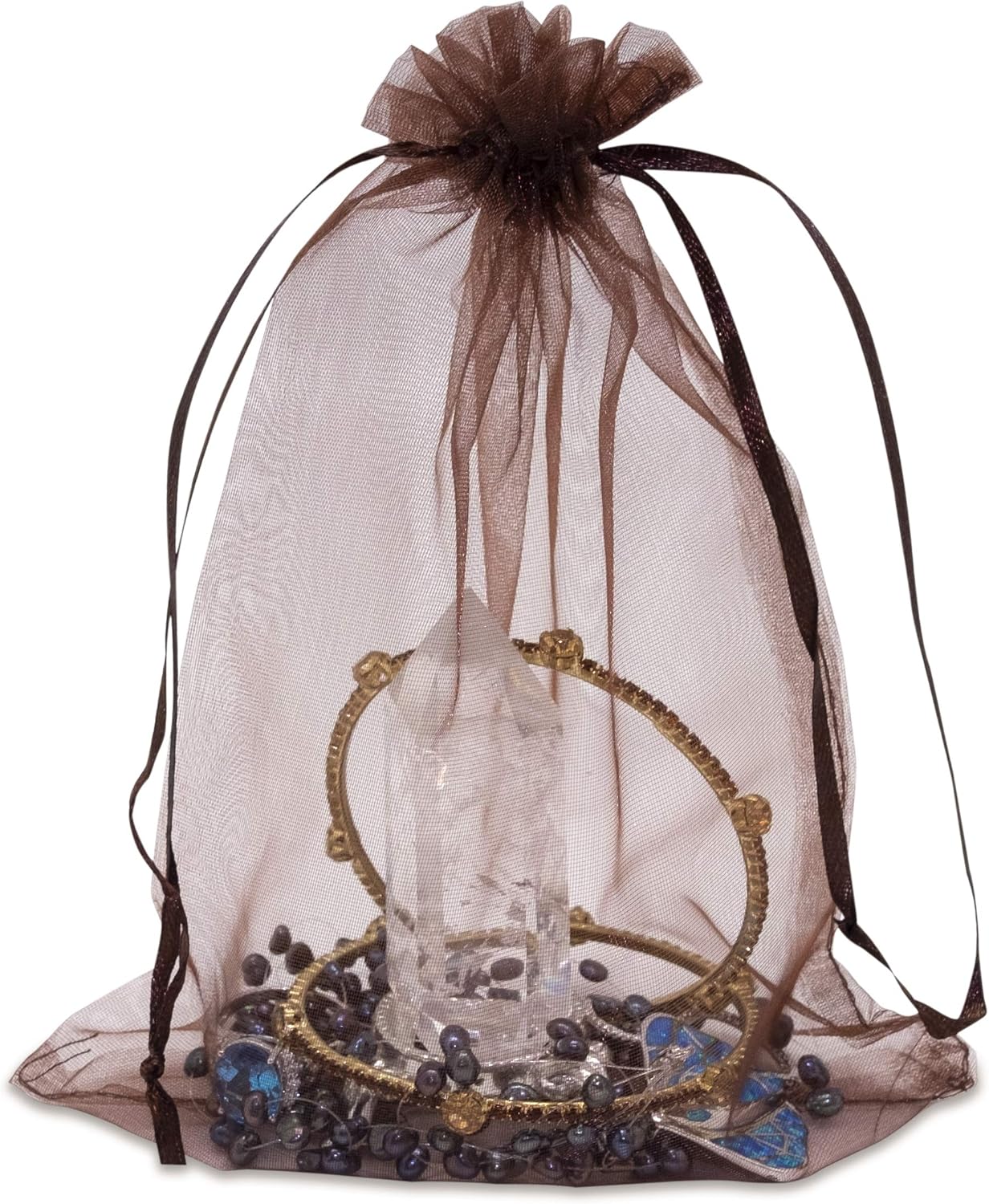 TheDisplayGuys 48-Pack 6x8 Brown Sheer Organza Gift Bags with Drawstring, Jewelry Candy Treat Wedding Party Favors Mesh Pouch