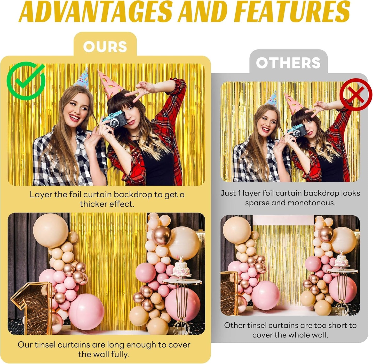 BTSD-home 10 Pack Gold Foil Fringe Curtain, Metallic Photo Booth Backdrop Tinsel Door Curtains for Wedding Birthday Bridal Shower Baby Shower Bachelorette Christmas Party Decorations(8ft x 3ft)