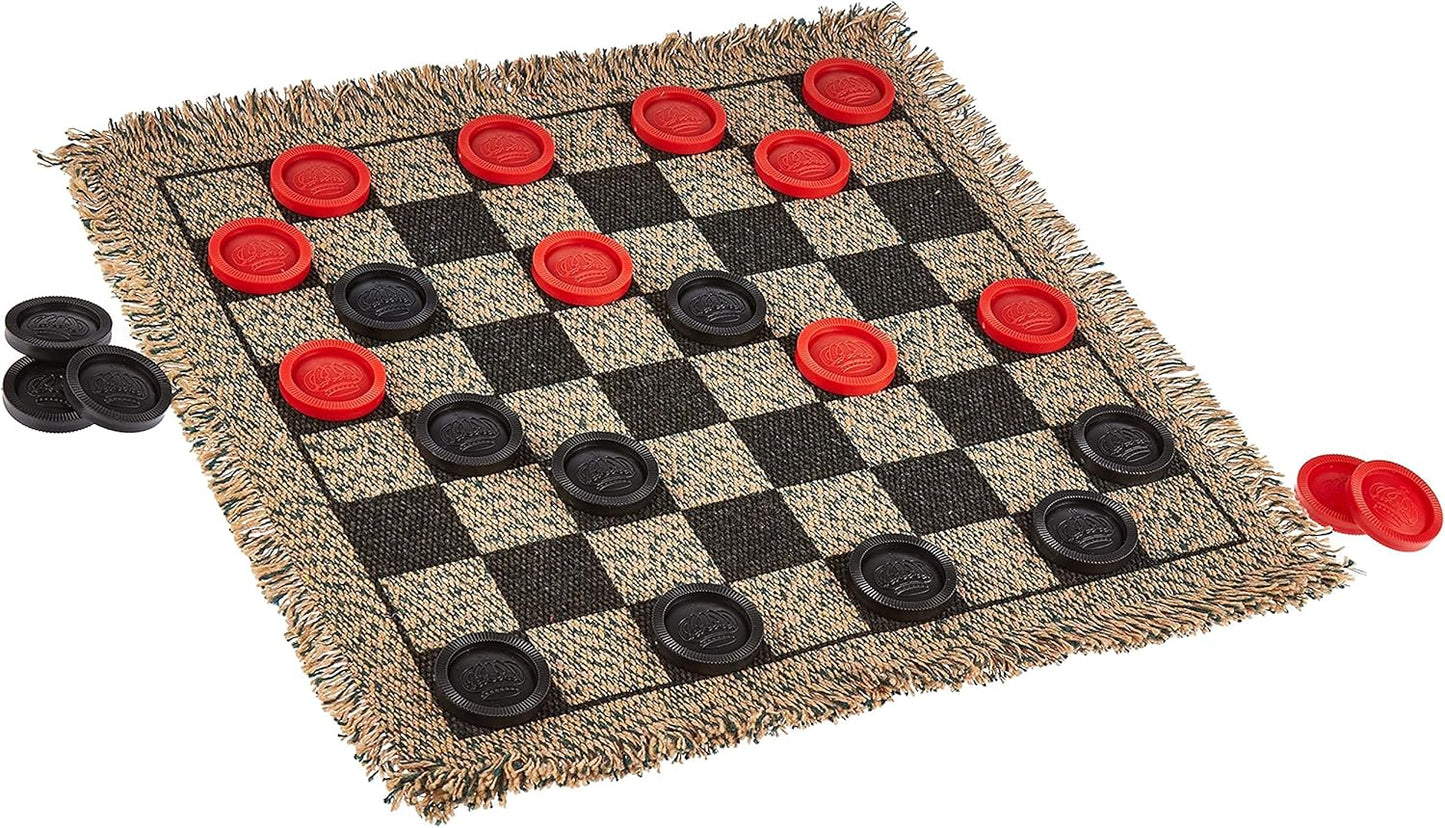 3-in-1 Mini Checkers Rug + Classic & Mega Tic Tac Toe - Portable Compact 12" x 12" Reversible Checkerboard Rug - Travel, Parties, Games on The Go, Family Board Game Night