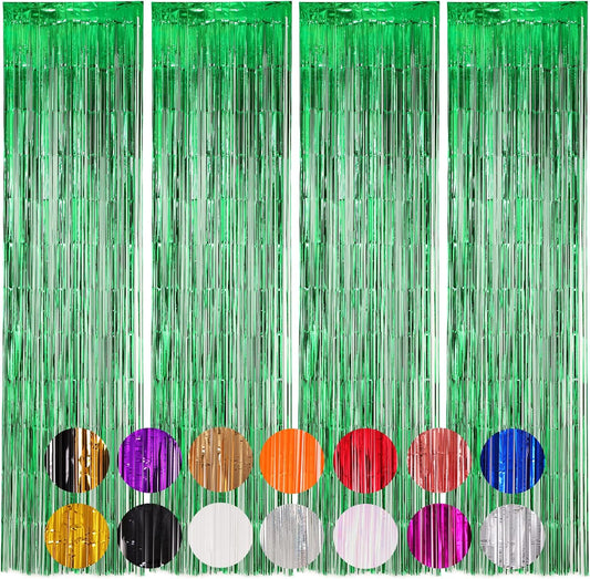 4 Pack Green Foil Fringe Backdrop Curtains, Tinsel Streamers Birthday Party Decorations, Fringe Backdrop for Graduation, Baby Shower, Gender Reveal, Disco Party