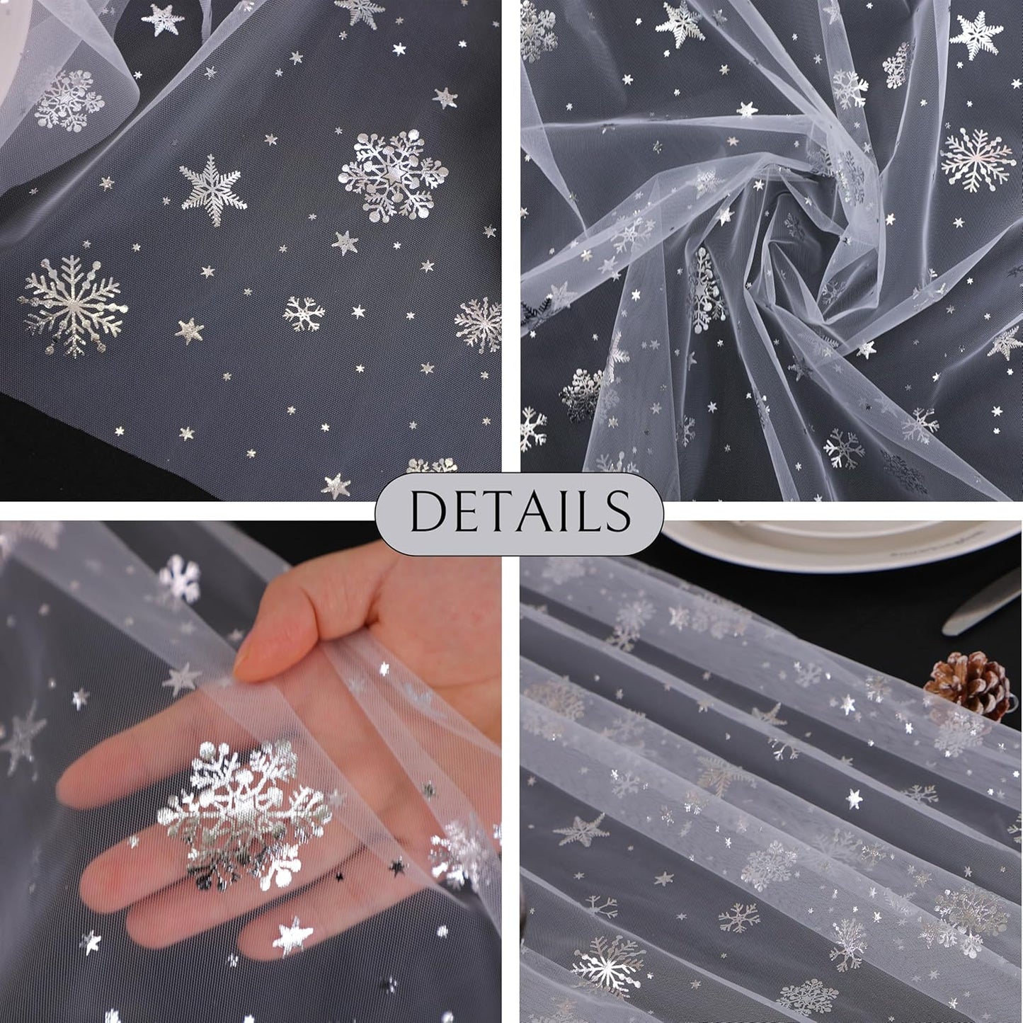 Snowkingdom 6 Pcs Christmas Snowflake Table Runners, 120 Inch Sheer Chiffon Gauze Cheesecloth, Silver Glitter Sequin Metallic Party Dining Table Decorations for Christmas Winter Holiday New Year