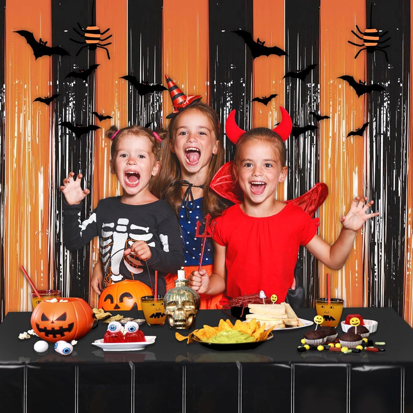 Melsan 2 Pack 3.2 ft x 8.2 ft Tinsel Foil Fringe Curtains Backdrop, Metallic Foil Curtains for Halloween Party Photo Booth Props Decorations (Black+Orange)