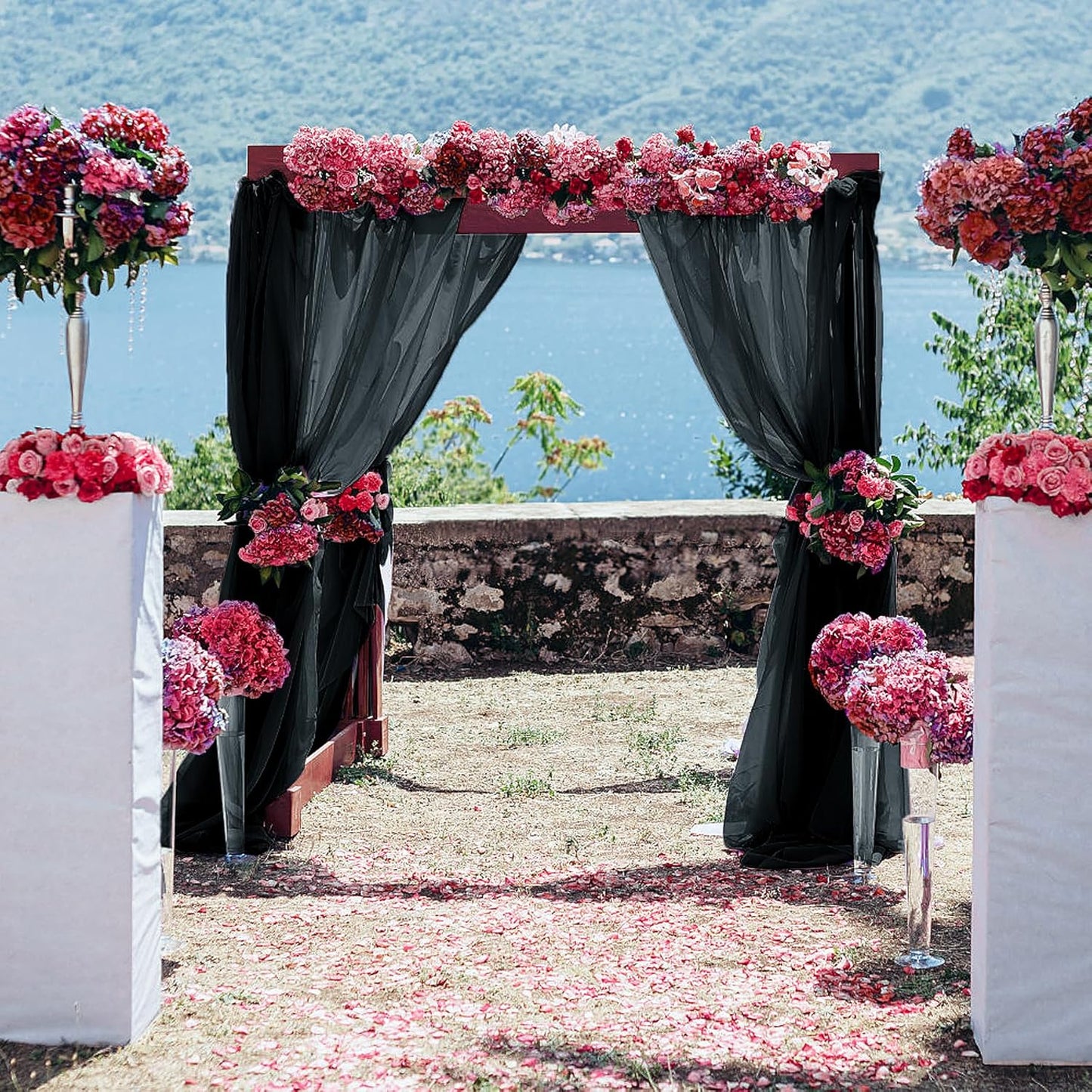 PARTISKY 10ftx7ft Black Chiffon Backdrop Curtains, Wrinkle-Free Sheer Fabric Photo Drapes for Wedding Ceremony Arch Birthday Baby Shower Photography Stage Decor 5ft x 7ft, 2 Panel