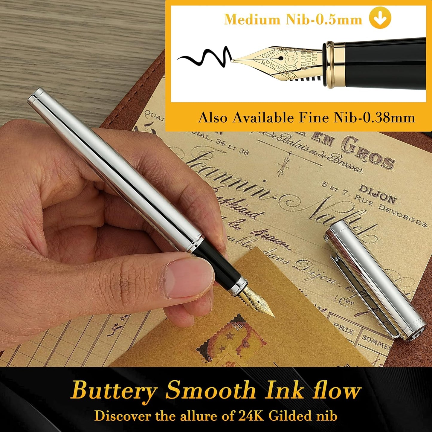 BEILUNER Silver Fountain Pen,Stunning Luxury Pens with Bright Silver Chrome, Gorgeous 24K Gilded Nib(Medium), Fancy Pen Gift for Men&Women -Ink Converter-Elegant, Office,Nice Pen for Writing