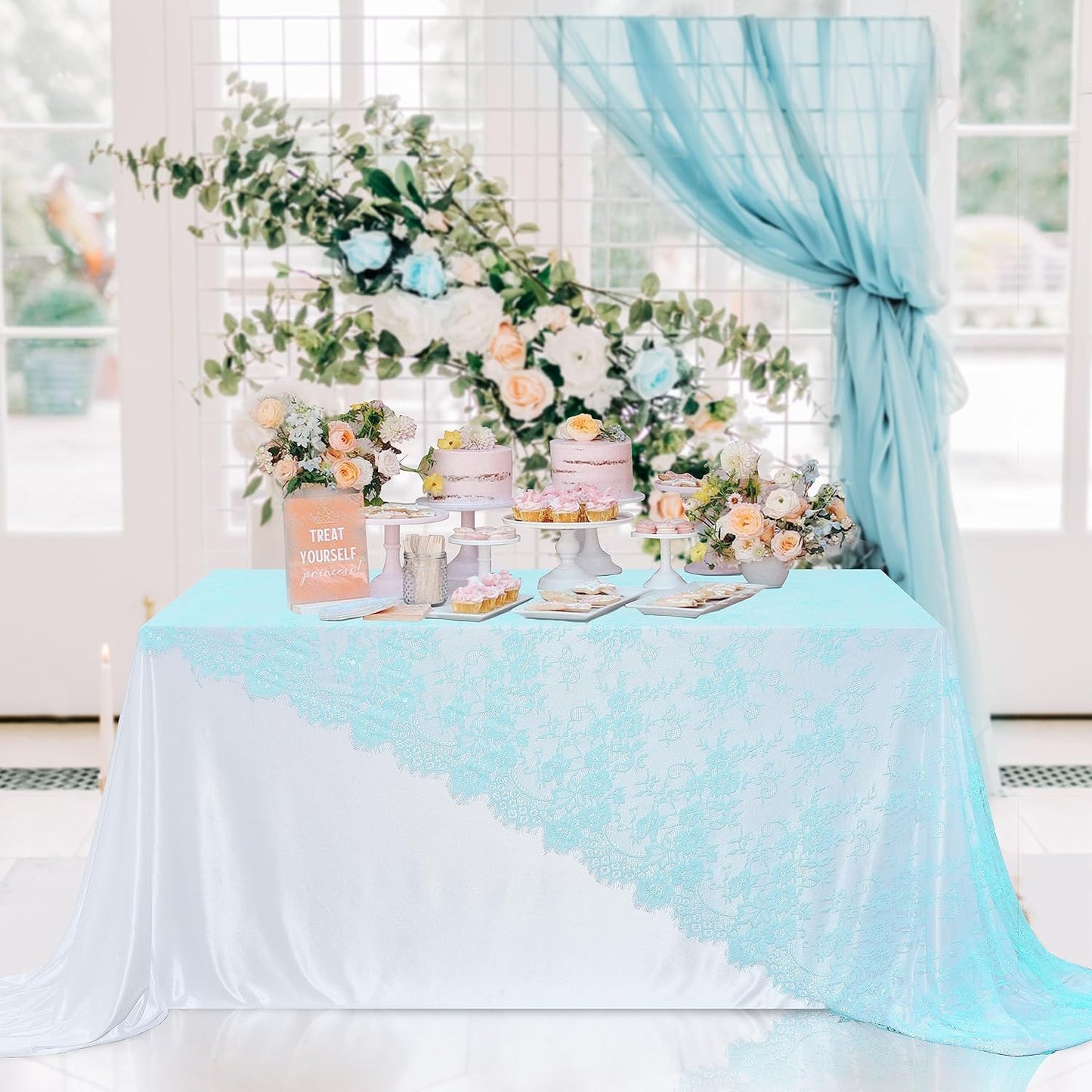 LuoluoHouse Lace Tablecloths Blue Chic Table Fabric 2pcs 60x120 Inch for Rustic Boho Wedding Bridal Shower Party Decoration Rectangle Overlay Blue Long Vintage Embroidered Reception Table Cloth Decor