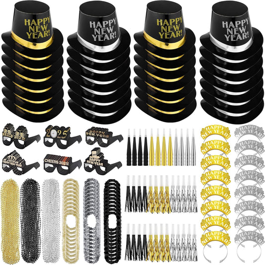 Fovths 264 Pieces 2025 New Years Eve Party Supplies Includes Glasses Top Hats Headband Noisemakers Horns Bead Necklaces Plastic Leis New Year Party Favors for Celebration Decoration Gift