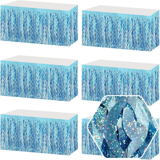 6Pack 29 x108 Inch Light Blue Wave Foil Fringe Table Skirts Metallic Banner for Tinsel Streamer Garland Backdrop for Parade Floats, Mother's Day, Easter, Graduate, Birthday, Wedding Party Decoration