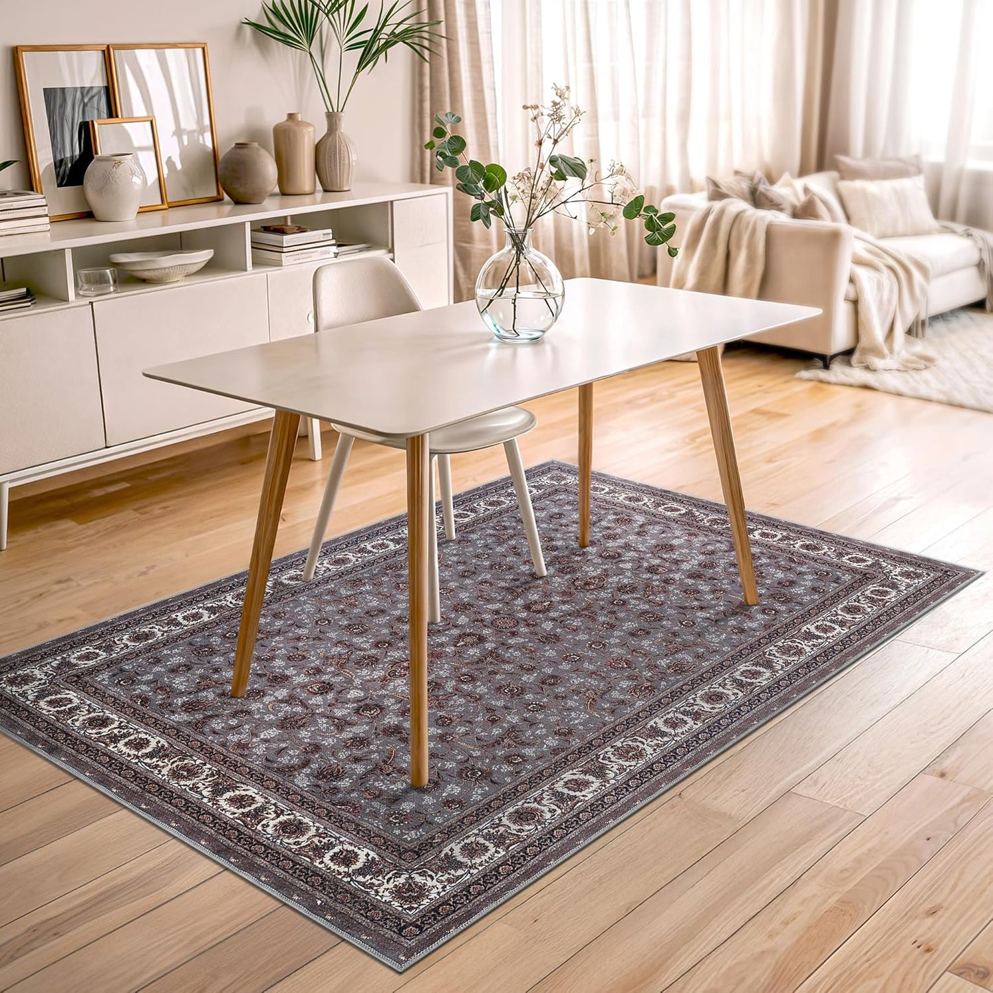 Bloom Rugs Washable Non-Slip 4' x 6' Rug - Slate Gray Traditional Oriental Area Rug for Living Room, Bedroom, Dining Room, and Kitchen - Exact Size: 4' x 6'