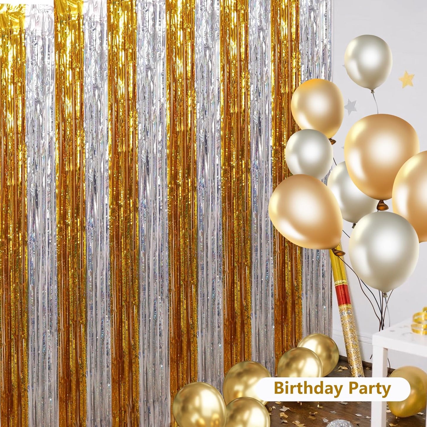 BEISHIDA Gold Silver Door Streamers Backdrop Foil Fringe Tinsel Party Streamers Curtains Photo Backdrop - 2Pcs for Birthday Graduation Bachelorette Party Decoations