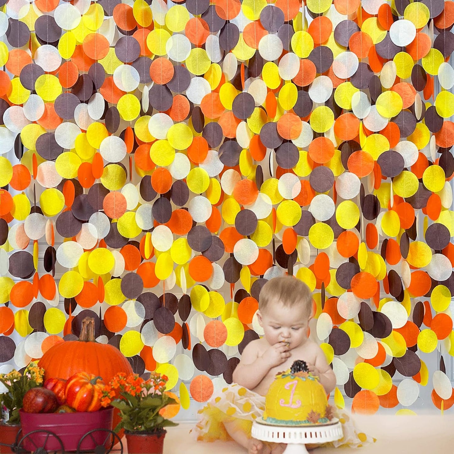 205Ft Fall Party Decorations Big Circle Dots Backdrop Garland Orange Brown Yellow Beige Tissue Paper Polka Dot Hanging Streamers for Birthday Wedding Fall Autumn Thanksgiving Harvest Party Supplies