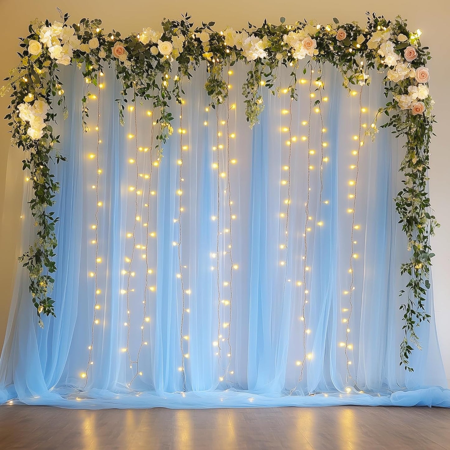Fomcet Baby Blue Tulle Backdrop Curtains with Lights String 10FT X 8FT Sheer Curtain with Lights Tulle Curtains Backdrop for Wedding Birthday Party Photo Shoot (2 Panels 5x8FT)