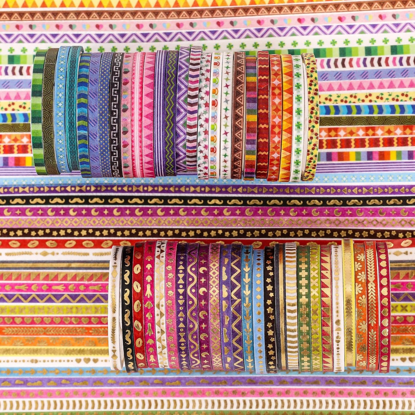 emmoolife 50 Rolls Skinny Washi Tape Set 3mm Wide, Gold Foil Print Masking Thin Basic Patterns Decorative Tapes for Scrapbooking, Junk Journal Supplies, Bullet Journaling, Craft Tape for Women Girl