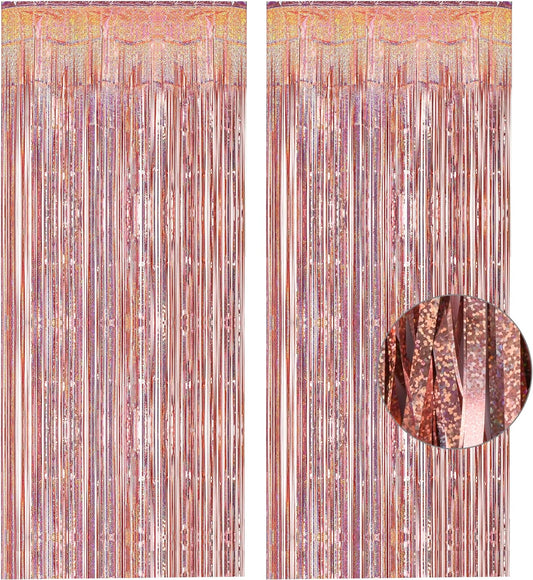 Rose Gold Tinsel Curtain Party Backdrop - GREATRIL Foil Fringe Curtain Streamers for Bachelorette Party Decorations Bride Be Party Streamers 2 Packs (Rose Gold)