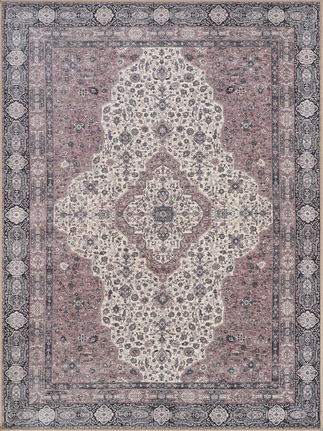 Bloom Rugs Washable Non-Slip 4' x 6' Rug - Cream/Green Traditional Medallion Area Rug for Living Room, Bedroom, Dining Room, and Kitchen - Exact Size: 4' x 6'