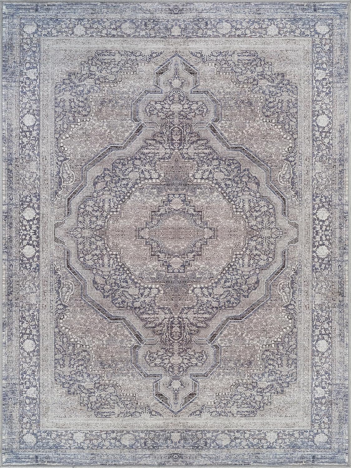 Bloom Rugs Washable Non-Slip 5' x 7' Rug - Blue/Steel Gray/Beige Traditional Medallion Area Rug for Living Room, Bedroom, Dining Room, and Kitchen - Exact Size: 5' x 7'