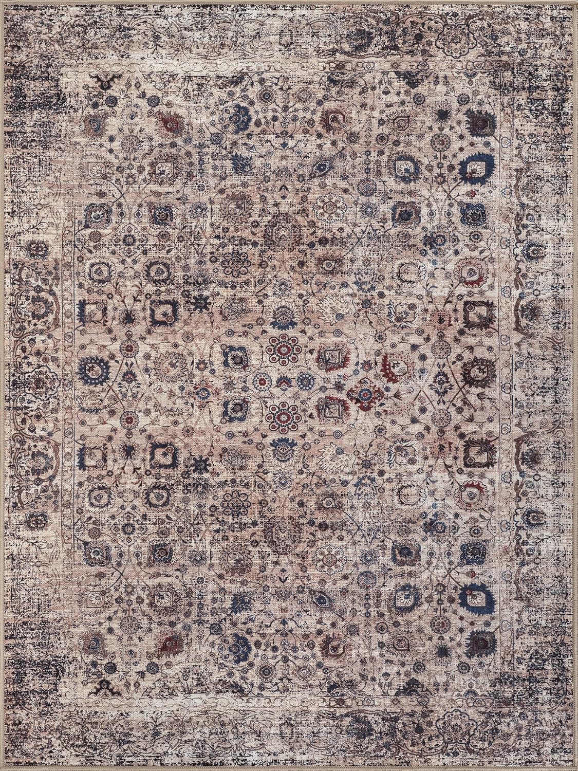 Bloom Rugs Washable Non-Slip 8' x 10' Rug - Light Tan/Blue Traditional Oriental Area Rug for Living Room, Bedroom, Dining Room, and Kitchen - Exact Size: 8' x 10'