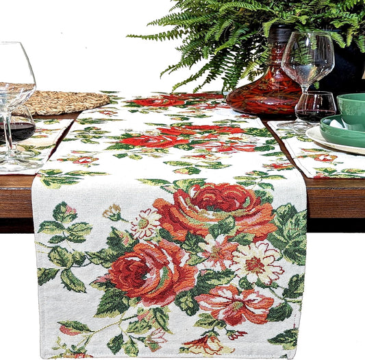 Tache Sweet Roses Spring Summer Traditional Country Vintage White Red Floral Decorative Woven Tapestry Dresser Kitchen Coffee Table Runners, 13x54
