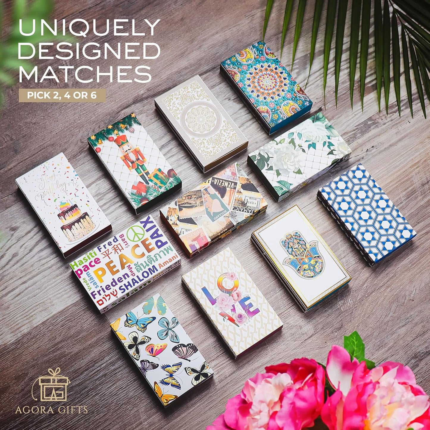 Decorative Matches Box -4-Inch Long Matches for Candles with Strike - Wooden Colorful Candle Sticks with Rainbow Tips - 50 Pc Match Sticks - Matchbox Designs of Your Choice (2 Unique Box Designs)