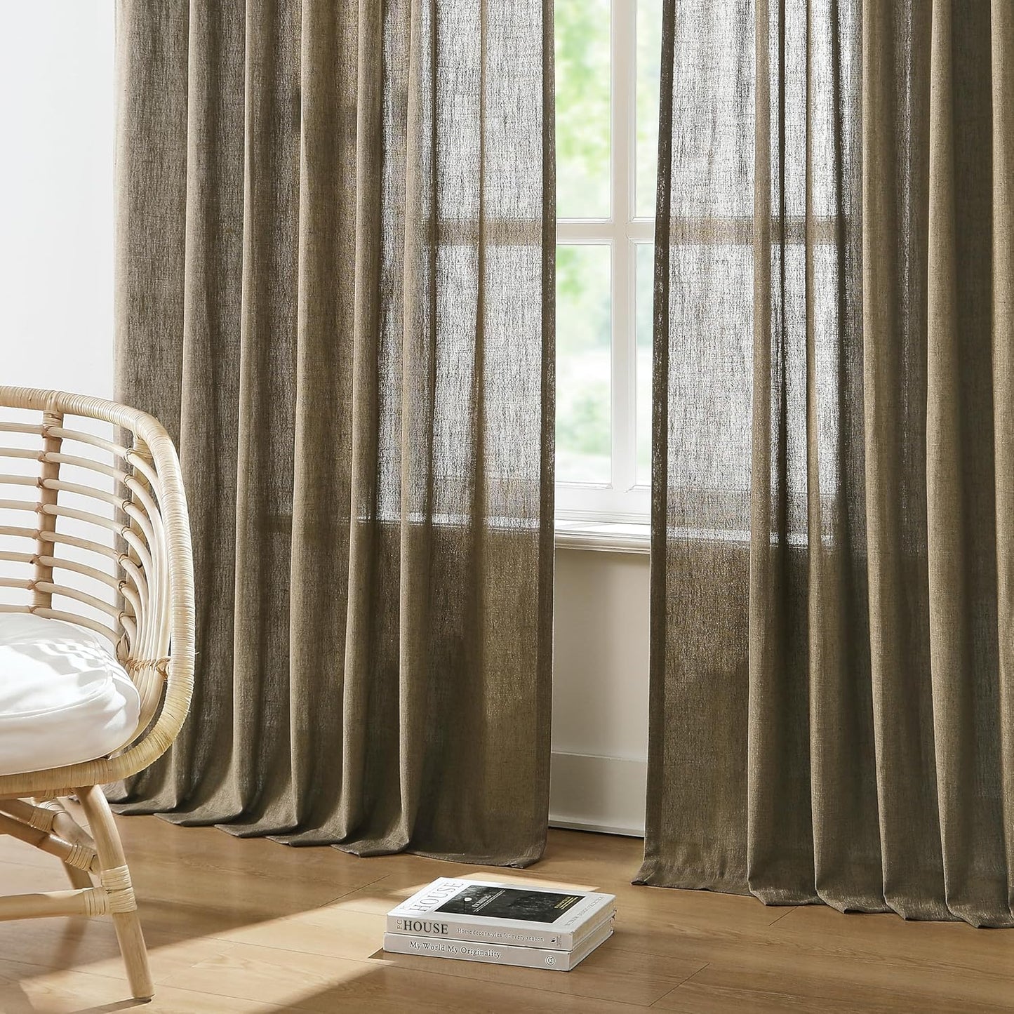 Vision Home Brown Pinch Pleated Semi Sheer Curtains Textured Linen Blended Light Filtering Window Curtains 112 inch for Living Room Bedroom Pinch Pleat Drapes with Hooks 2 Panels 40" Wx112 L