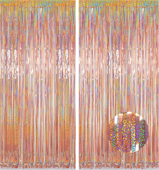 Foil Fringe Backdrop, Melsan 2 Pack 3.2 ft x 8.2 ft Tinsel Foil Fringe Curtains, Sparkle Fringe Curtains for Bachelorette Party Decorations Photo Background Decoration, Rose Gold