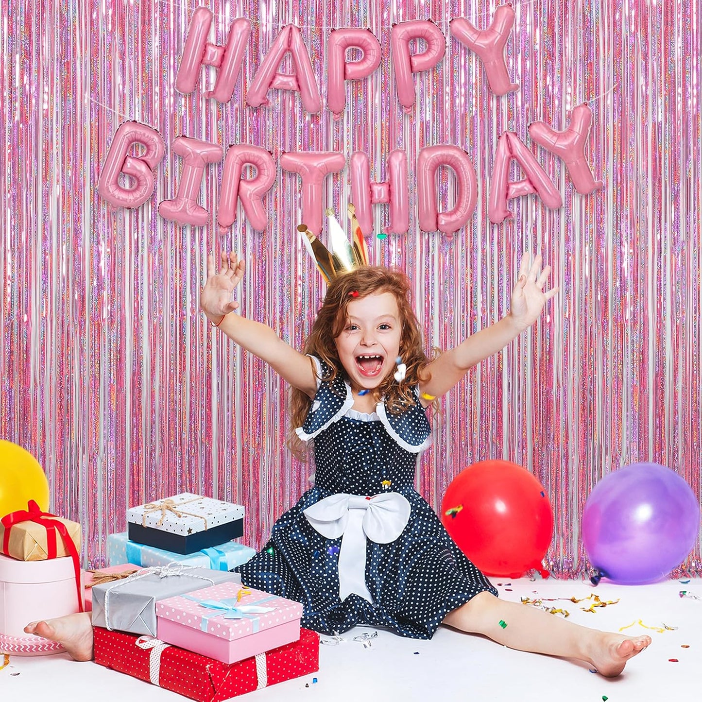 Melsan Pink Tinsel Curtains Backdrop, 3.2 ft x 8.2 ft Sparkle Metallic Foil Curtains for Unicorn Mermaid Princess Party Photo Background Decoration, 2 Pack