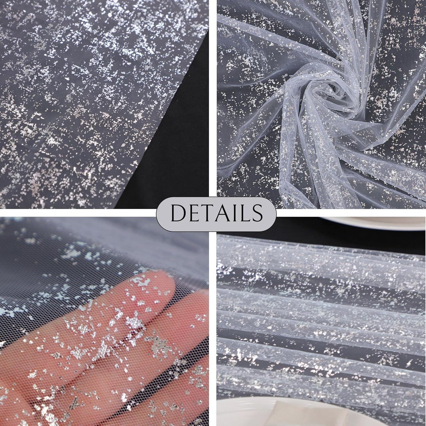 Snowkingdom 10 Pcs 10 FT Silver Table Runners, Sheer Chiffon Gauze Cheesecloth Runner, Sequin Glitter Silver Party Table Decoration Centerpieces for Wedding Christmas Birthday Bridal Baby Shower