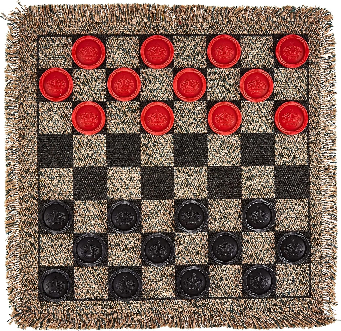 3-in-1 Mini Checkers Rug + Classic & Mega Tic Tac Toe - Portable Compact 12" x 12" Reversible Checkerboard Rug - Travel, Parties, Games on The Go, Family Board Game Night