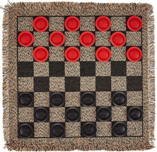 3-in-1 Mini Checkers Rug + Classic & Mega Tic Tac Toe - Portable Compact 12" x 12" Reversible Checkerboard Rug - Travel, Parties, Games on The Go, Family Board Game Night