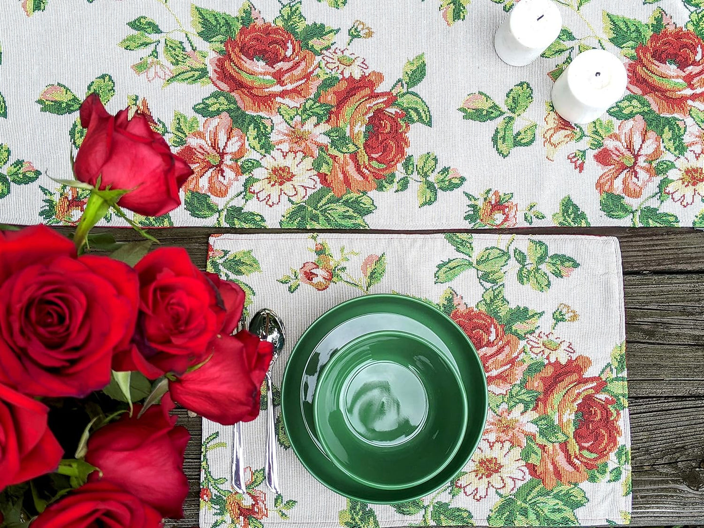 Tache Sweet Roses Spring Summer Traditional Country Vintage White Red Floral Decorative Woven Tapestry Dresser Kitchen Coffee Table Runners, 13x54